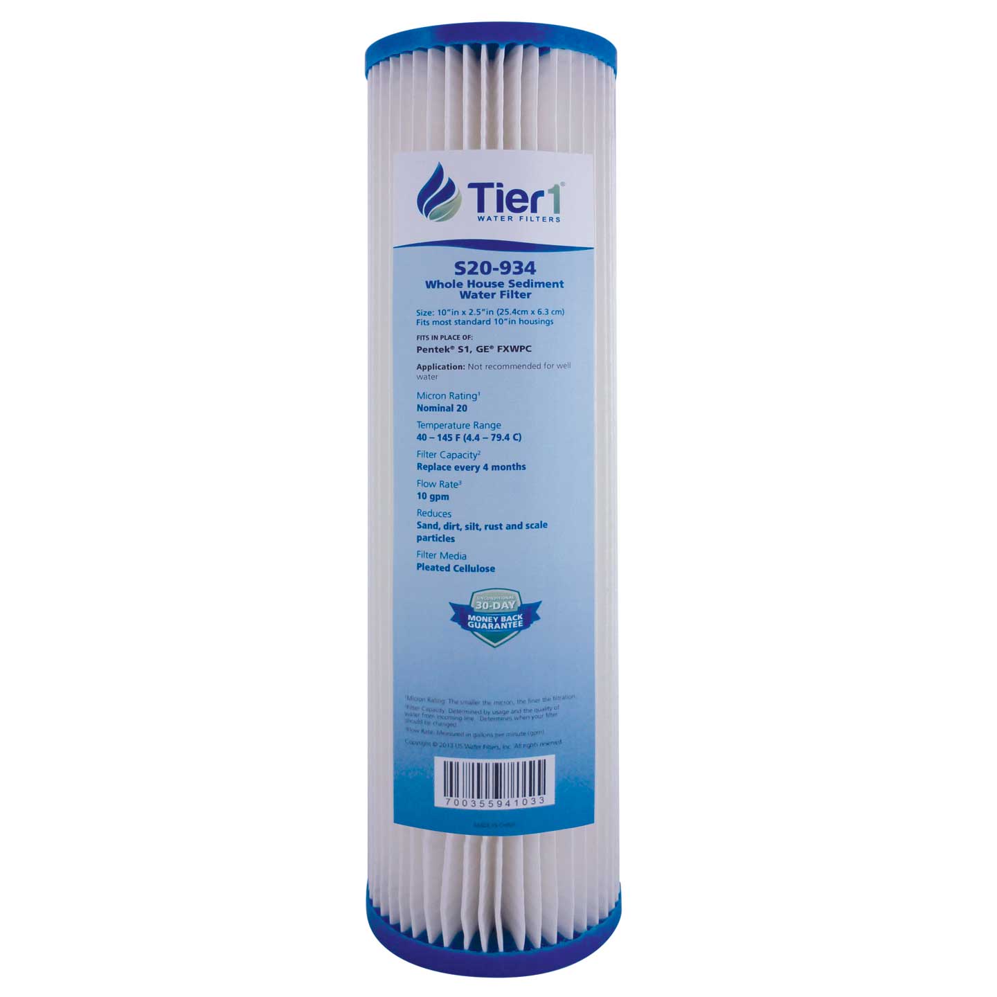 10 X 2.5 Pleated Cellulose Replacement Filter by Tier1 (20 micron) WITH LABEL