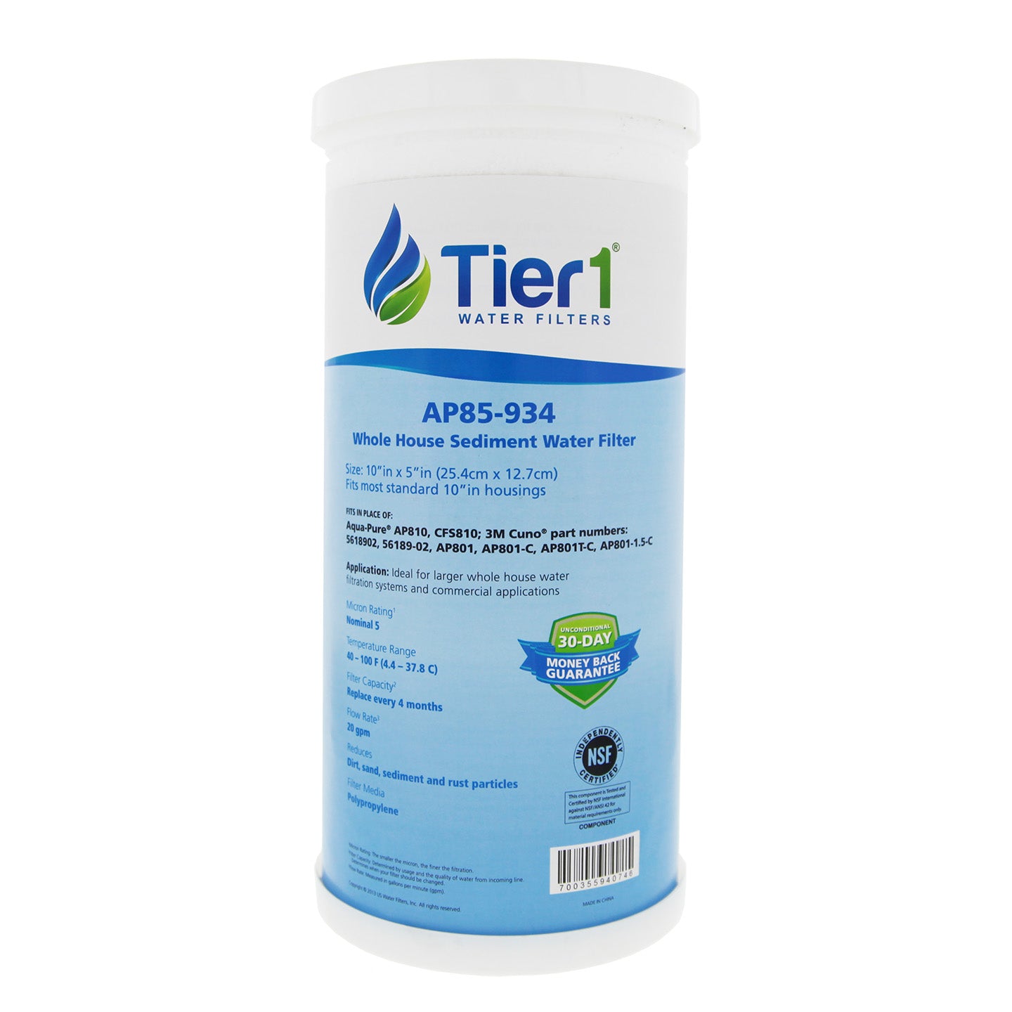 10 X 4.5 Spun Wound Polypropylene Replacement Filter by Tier1 (5 micron) WITH LABEL