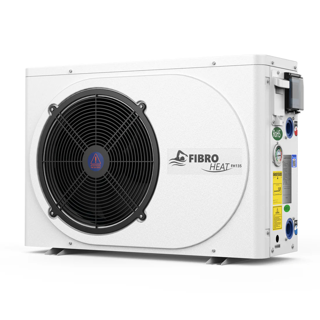 Fibro Pool FH135 35,000 BTU 120 Volt Swimming Pool Heat Pump FORNT AND SIDE VIEW