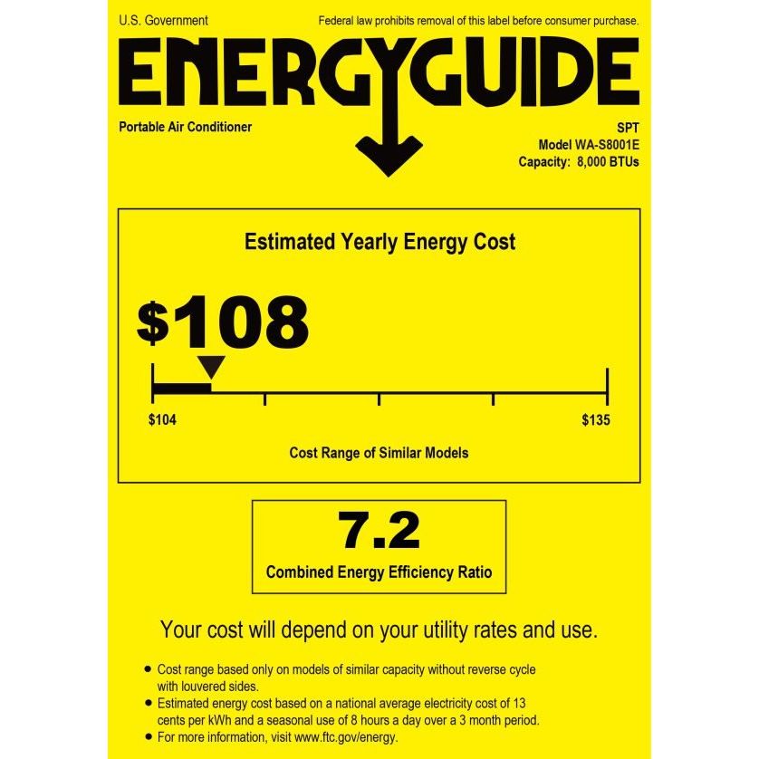 SPT WA-S8001E: 12,000BTU Portable Air Conditioner – Cooling only (SACC*: 8,000BTU)