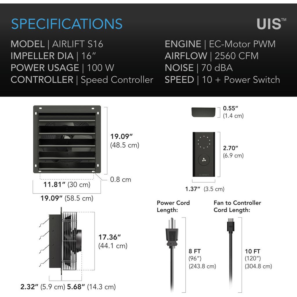 AC Infinity AIRLIFT S16, Shutter Exhaust Ventilation Fan 16, Speed Controller SPECIFICATIONS
