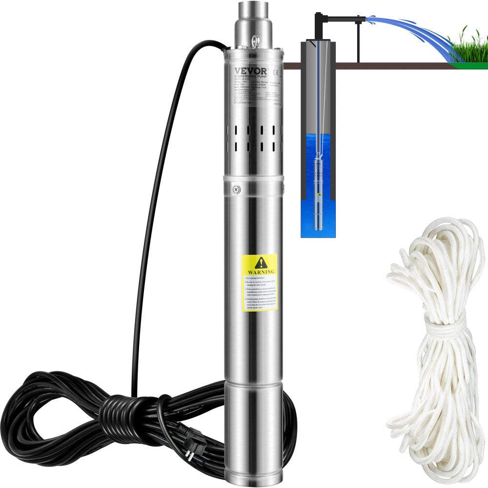 VEVOR Deep Well Submersible Pump, 550W 230V/50Hz, 35L/min 108 m Head Sand Resistant <5%, 20 m Electric Cord, 7.6 cm Stainless Steel Water Pumps for Industrial, Irrigation & Home Use, IP68 Waterproof