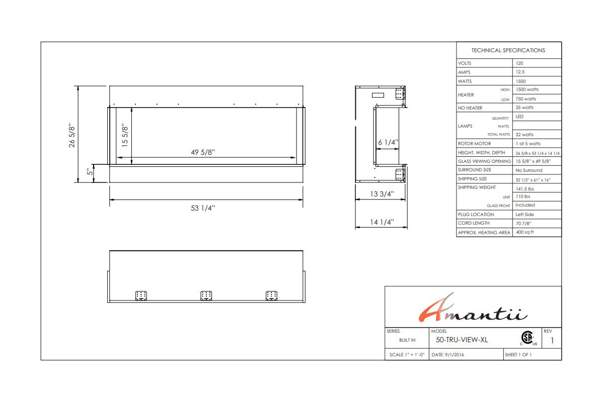 Amantii Panorama Tru View 50-inch 3-Sided View Built In Indoor/Outdoor Electric Fireplace