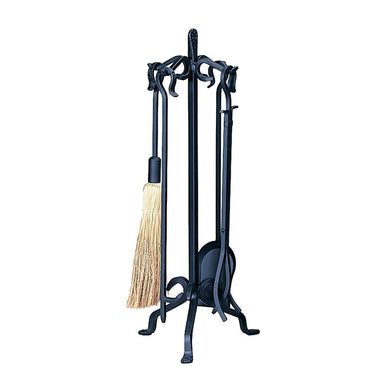 5 Pc Heavyweight Black Wrought Iron Fireset- Crook Handles