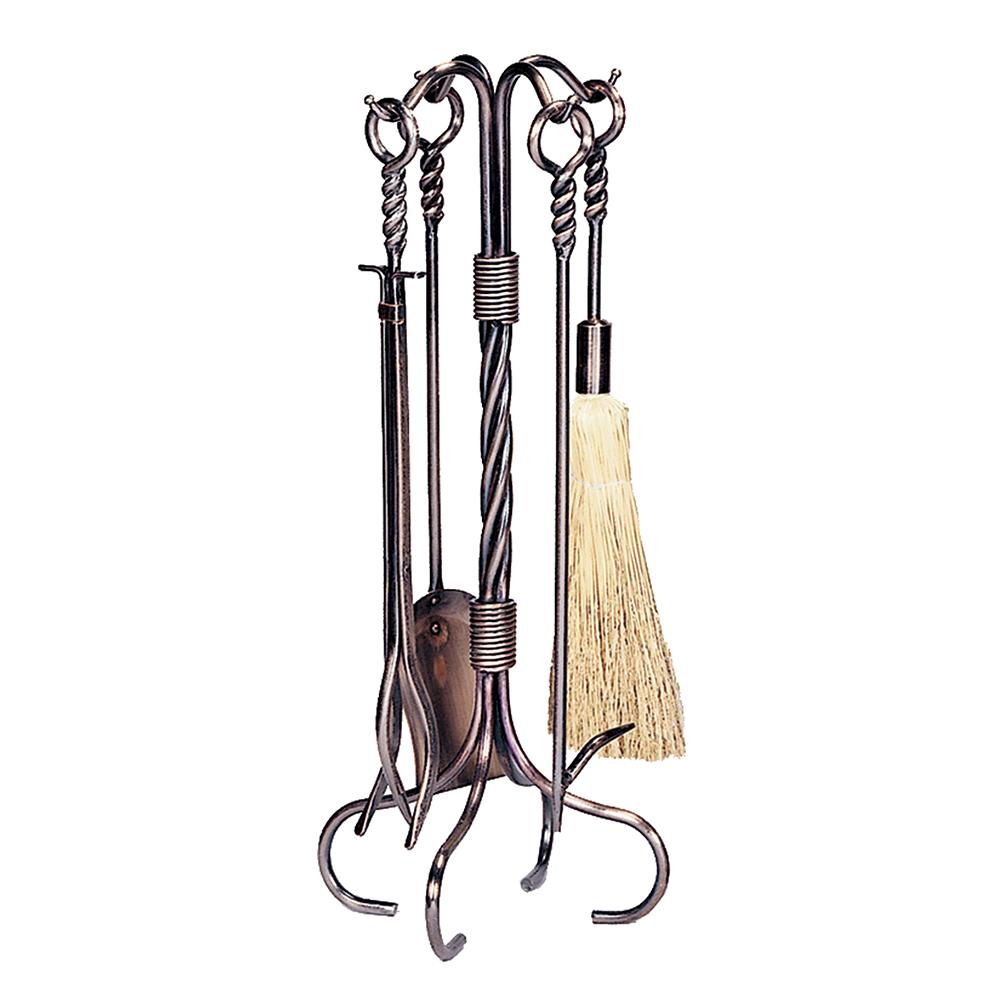5 Piece Antique Copper Fireset with Ring/Swirl Handles
