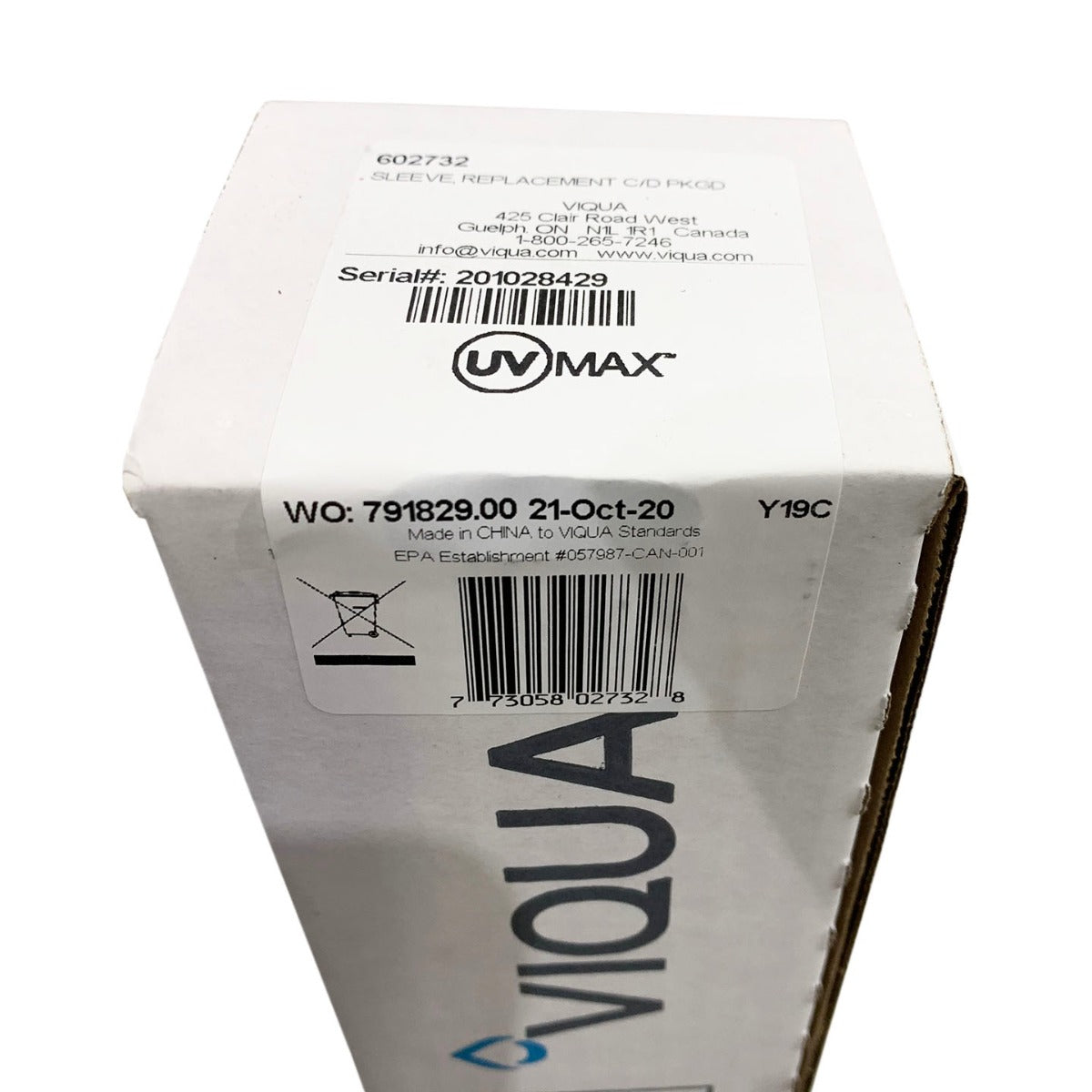 602732 Quartz Sleeve for UV Lamp 602805 by Viqua WITH LABEL