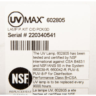602805 Water Disinfection System UV Lamp by Viqua LABEL