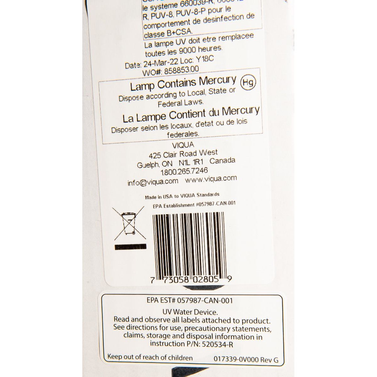 602805 Water Disinfection System UV Lamp by Viqua LABEL