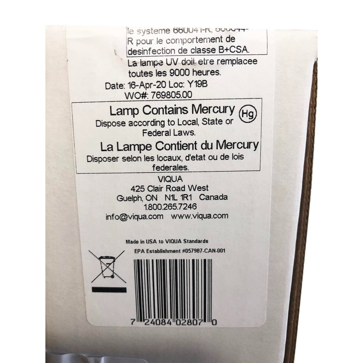 602810-102 Lamp and Sleeve Kit for Viqua D Model Systems