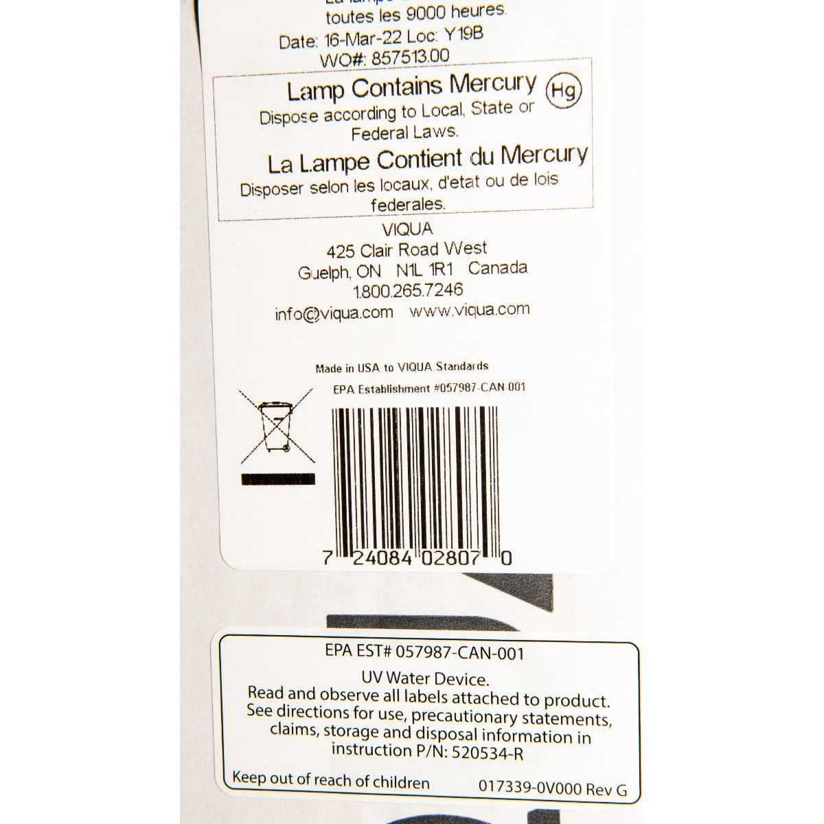 602810-102 Lamp and Sleeve Kit for Viqua D Model SystemsEL