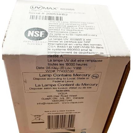 602855 Water Disinfection System UV Lamp by Viqua LABEL