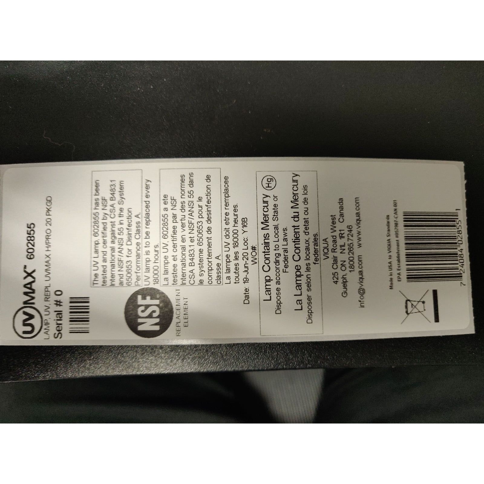 602855 Water Disinfection System UV Lamp by Viqua LABEL