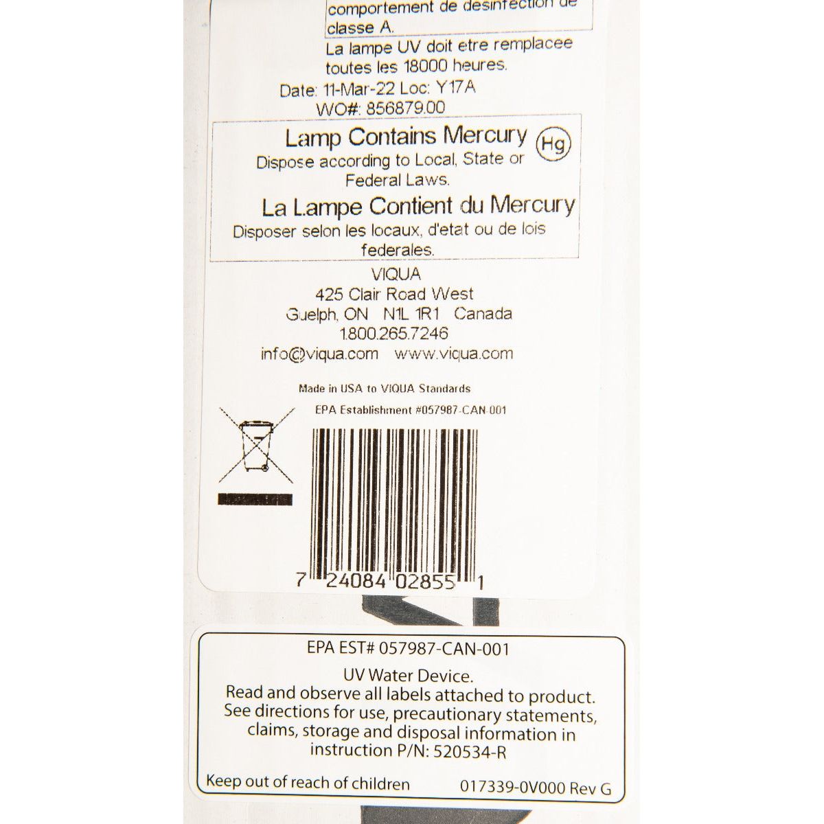 602855 Water Disinfection System UV Lamp by Viqua