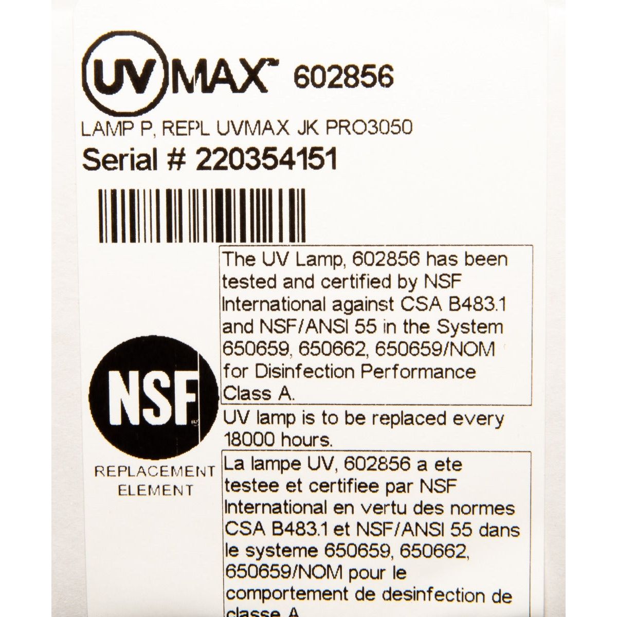 602856 Water Disinfection System UV Lamp by Viqua LABEL