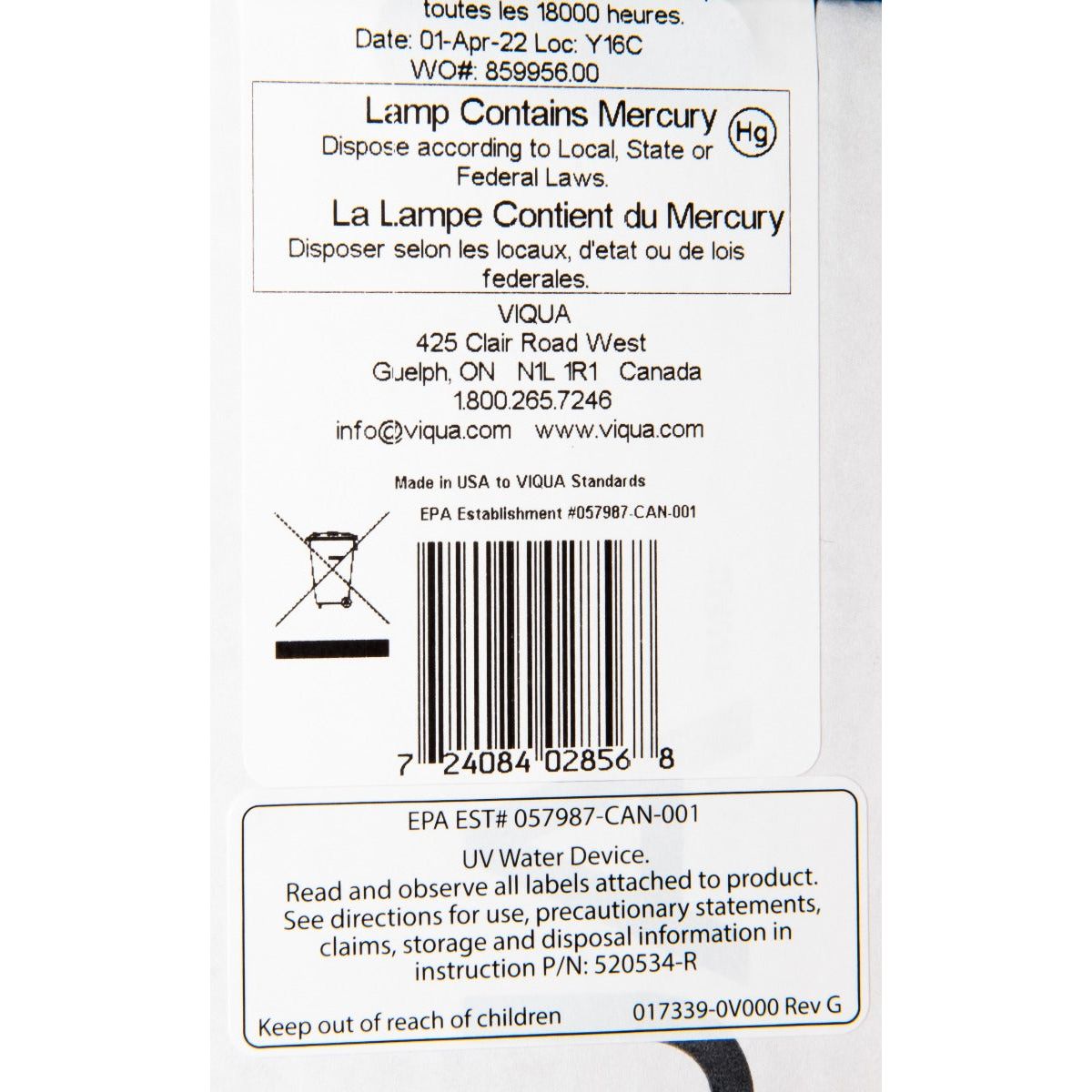 602856 Water Disinfection System UV Lamp by Viqua LABEL