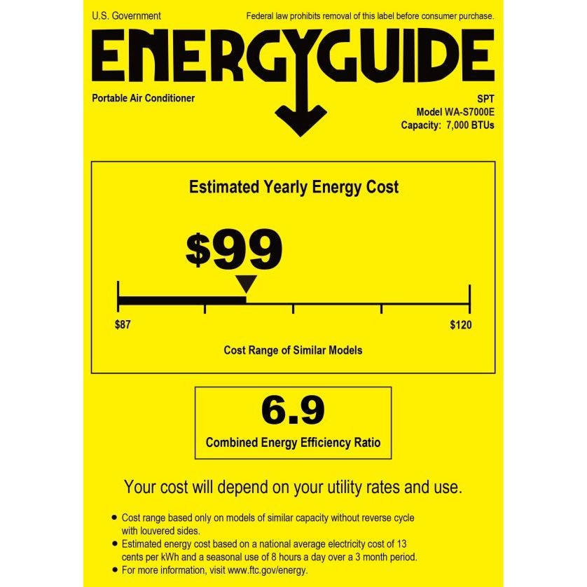 SPT WA-S7000E: 10,000 BTU Portable Air Conditioner – Cooling Only (SACC*: 7,000BTU)