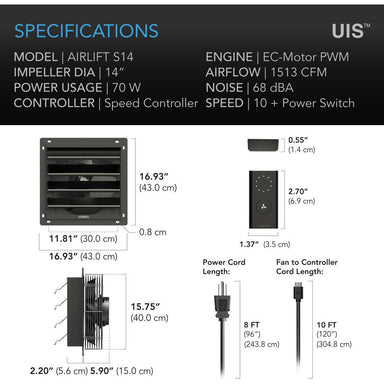 AC Infinity AC-ALS14 AIRLIFT S14, Shutter Exhaust Ventilation Fan 14, Speed Controller SPECIFICATIONS