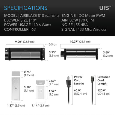 AC Infinity AIRBLAZE S10, Fireplace Blower Fan 10 with Wireless Speed Controller SPECIFICATIONS