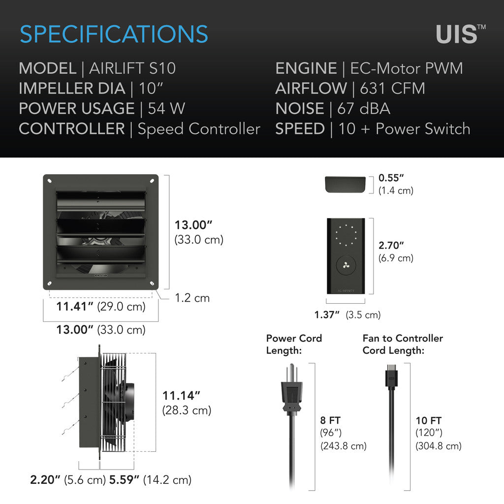 AC Infinity AIRLIFT S10, Shutter Exhaust Ventilation Fan 10", Speed Controller SPECIFICATIONS