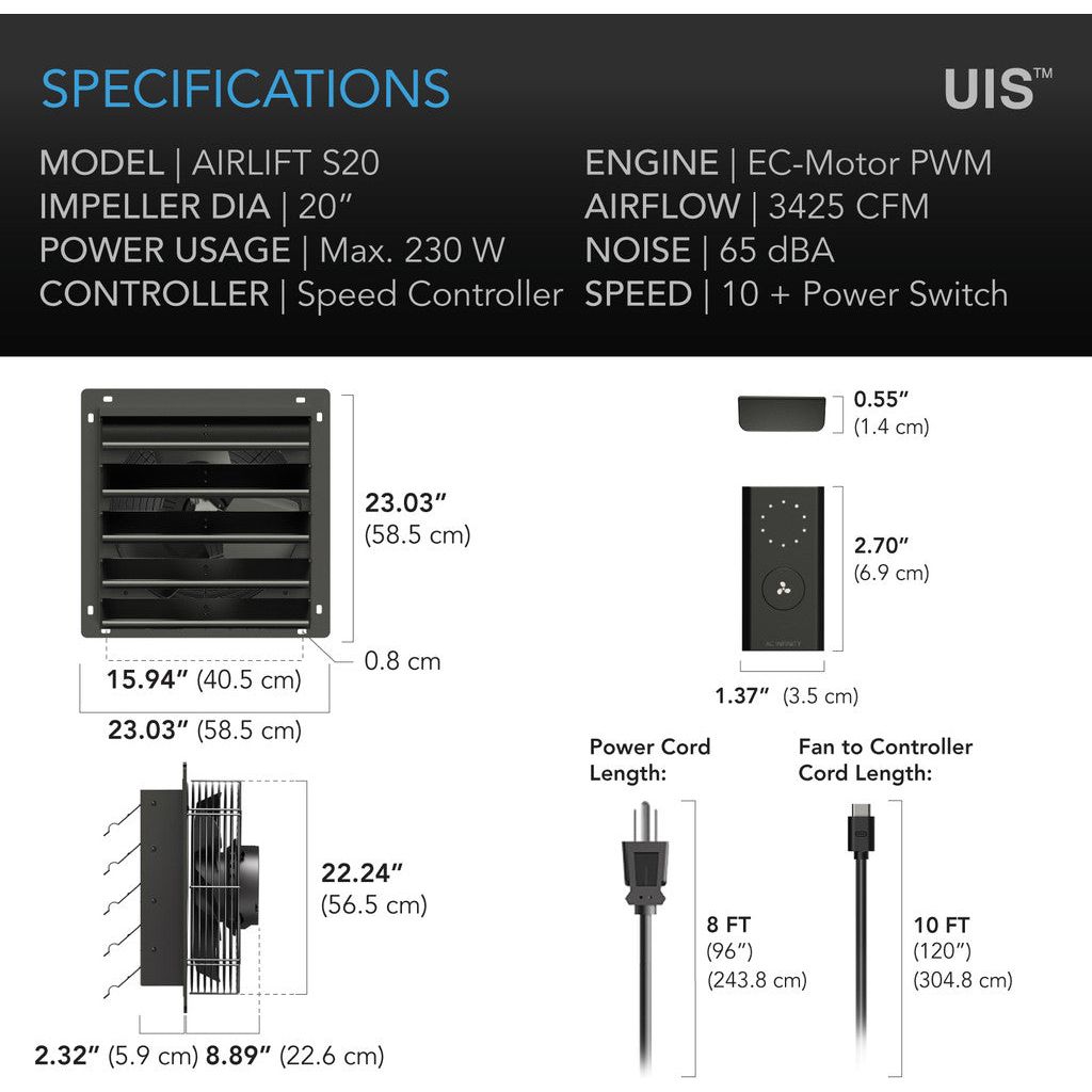 AC Infinity AIRLIFT S20, Shutter Exhaust Ventilation Fan 20, Speed Controller SPECIFICATIONS