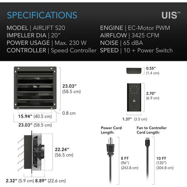 AC Infinity AIRLIFT S20, Shutter Exhaust Ventilation Fan 20, Speed Controller SPECIFICATIONS