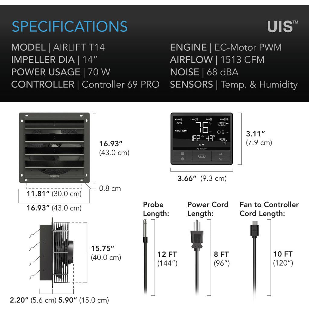 AC Infinity AIRLIFT T14, Shutter Exhaust Ventilation Fan 14, Temperature Humidity Controller SPECIFICATIONS