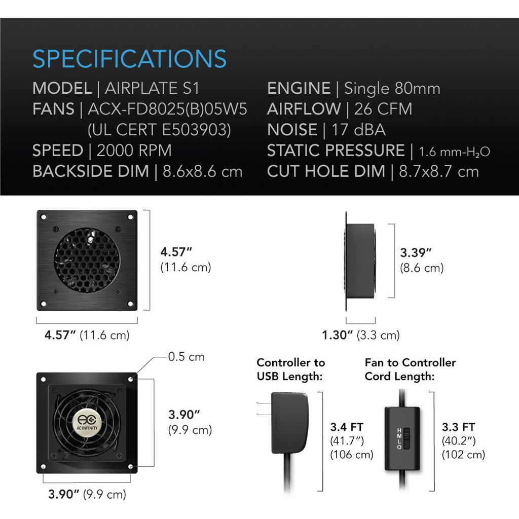 AC Infinity AIRPLATE S1, Home Theater and AV Quiet Cabinet Cooling Fan System, 4 Inch SPECIFICATIONS