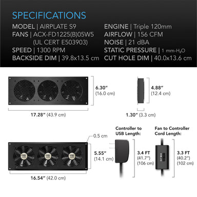 AC Infinity AIRPLATE S9, Home Theater and AV Cabinet Quiet Cooling Fan System, 18 Inch SPECIFICATIONS