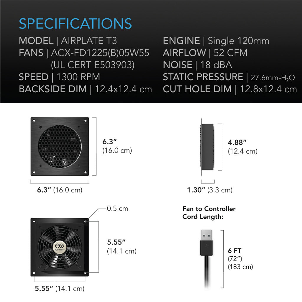 AC Infinity AIRPLATE T3, Home Theater and AV Quiet Cabinet Cooling Fan System, 6 Inch SPECIFICATIONS