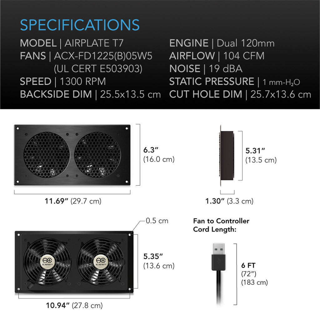 AC Infinity AIRPLATE T7, Home Theater and AV Quiet Cabinet Cooling Fan System, 12 Inch SPECIFICATIONS