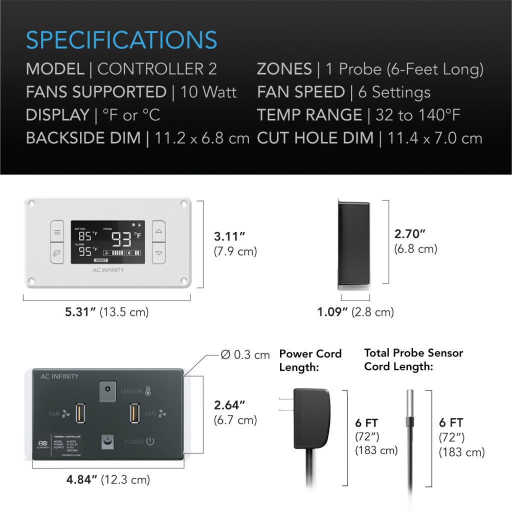 AC Infinity AIRPLATE T8 White, Home Theater and AV Quiet Cabinet Cooling Dual-Fan System, 6 Inch SPECIFICATIONS
