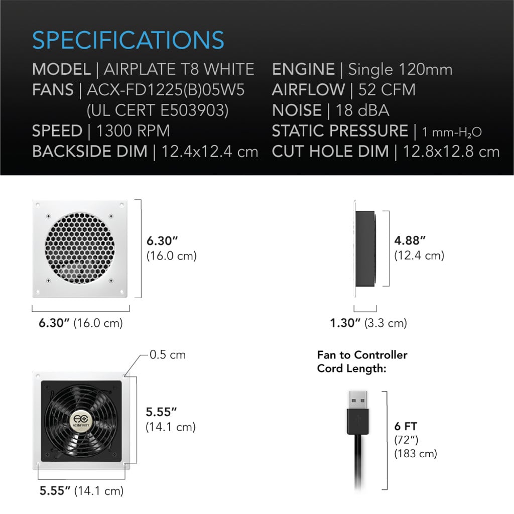 AC Infinity AIRPLATE T8 White, Home Theater and AV Quiet Cabinet Cooling Dual-Fan System, 6 Inch SPECIFICATIONS