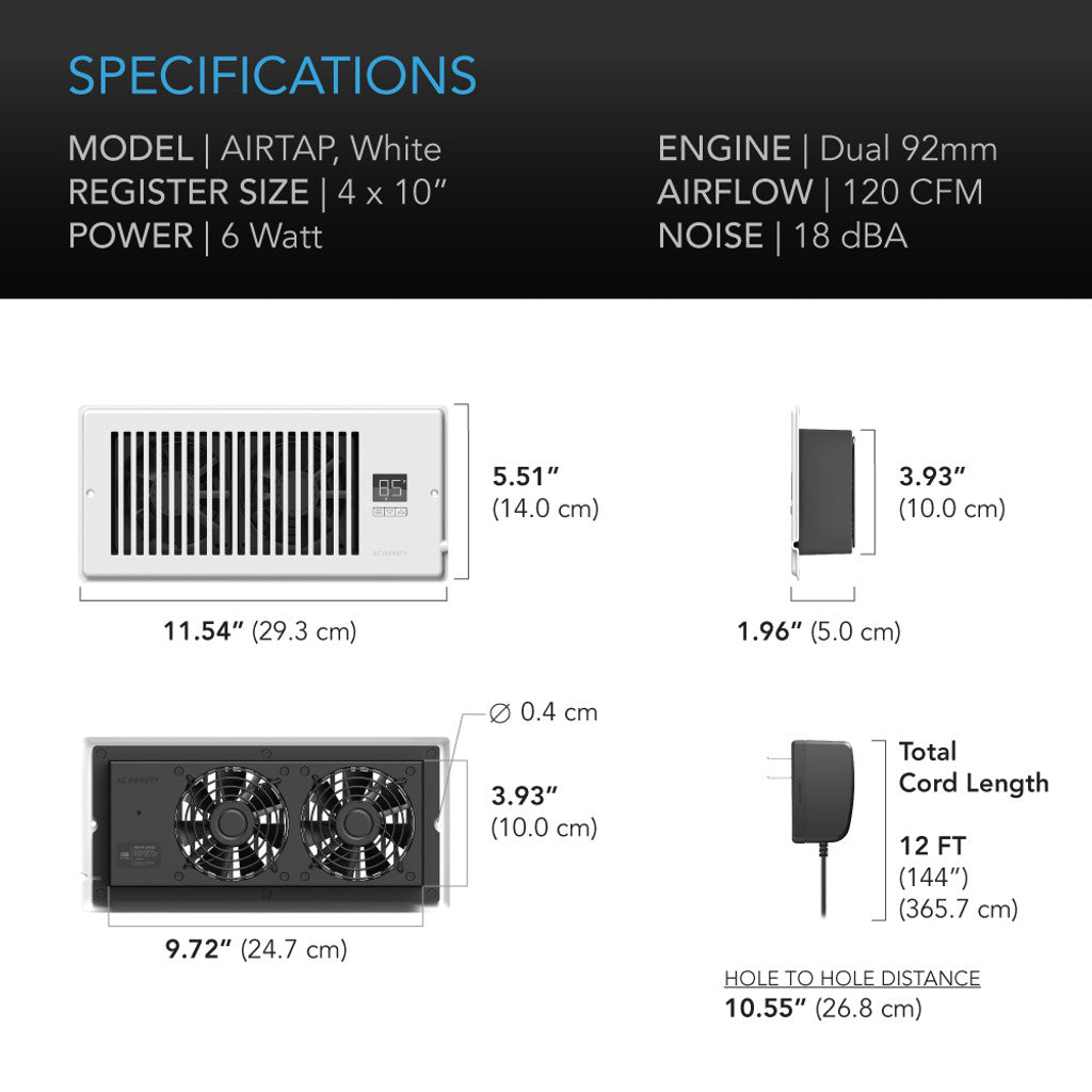 AC Infinity AIRTAP T4, Quiet Register Booster Fan System, White, for 4” x 10” Registers
