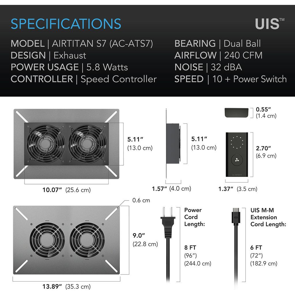 AC Infinity AIRTITAN S7, Crawlspace Fan with Speed Controller, 12-Inch SPECIFICATIONS