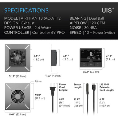 AC Infinity AIRTITAN T3, Crawl Space and Basement Ventilation Fan 6, WiFi-Integrated Controls, IP-55 Rated SPECIFICATIONS