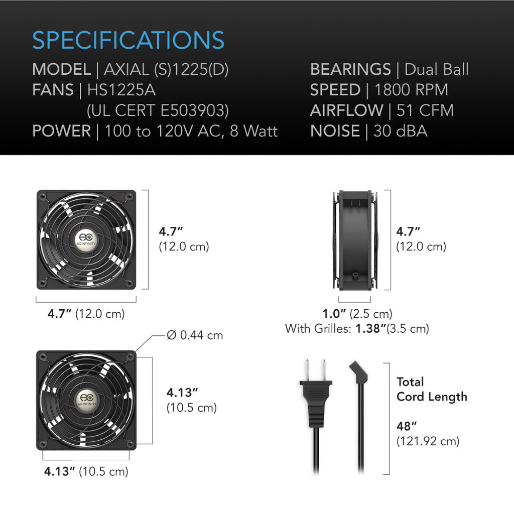 AC Infinity AXIAL 1225, Muffin 120V AC Cooling Fan, 120mm x 120mm x 25mm, Low Speed SPECIFICATIONS