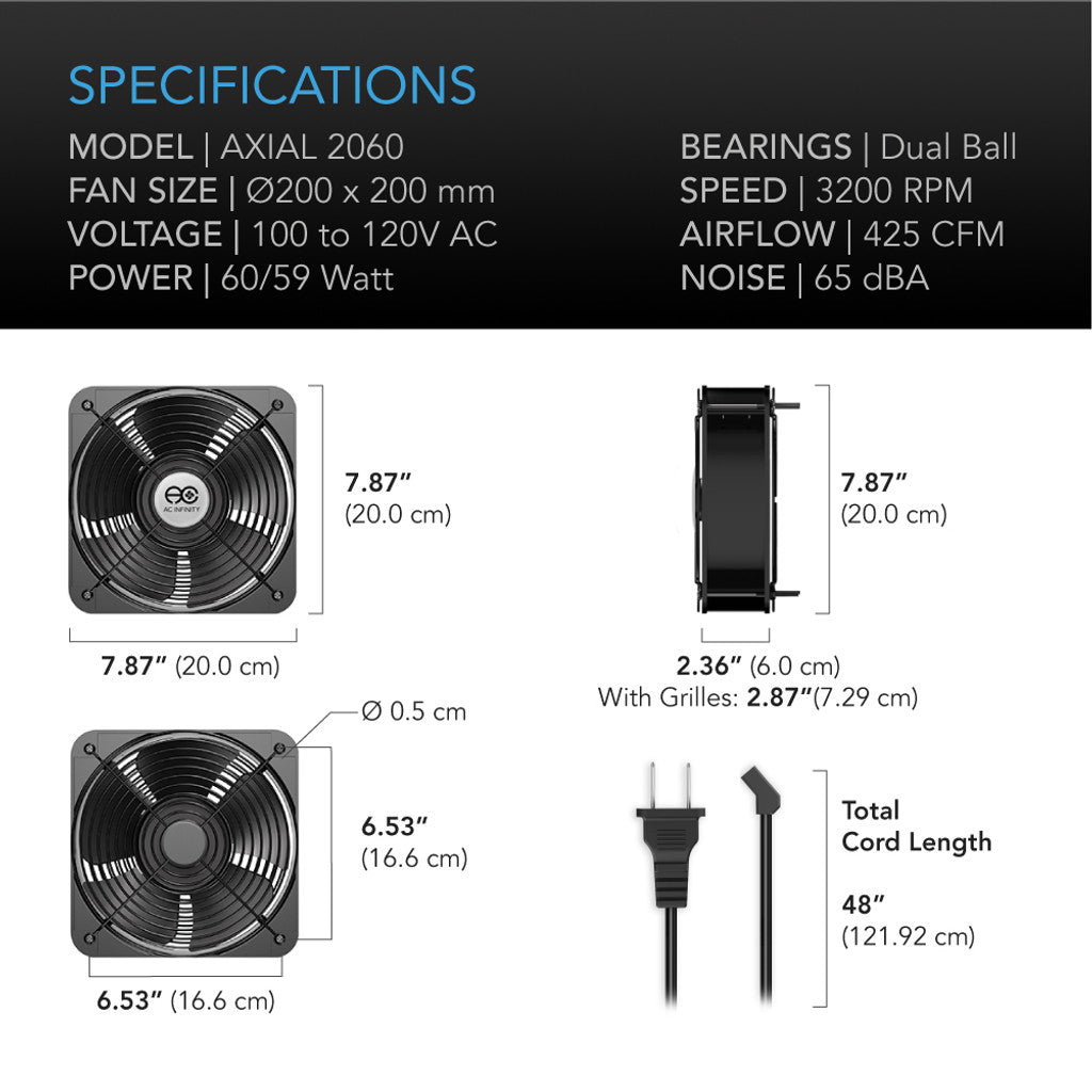 AC Infinity AXIAL 2060, Muffin 120V AC Cooling Fan, 200mm x 200mm x 60mm SPECIFICATIONS