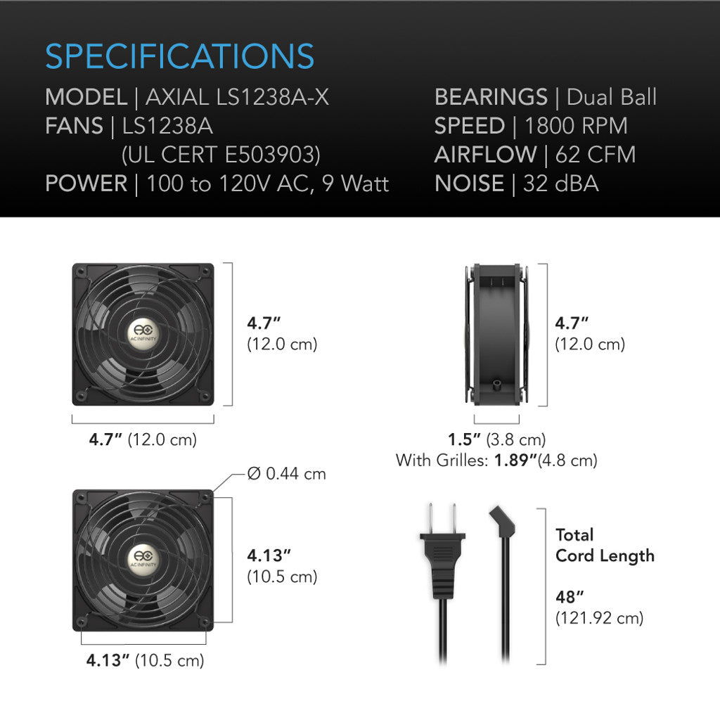 AC Infinity AXIAL LS1238, Muffin 120V AC Cooling Fan, 120mm x 120mm x 38mm, LOW SPEED SPECIFICATIONS