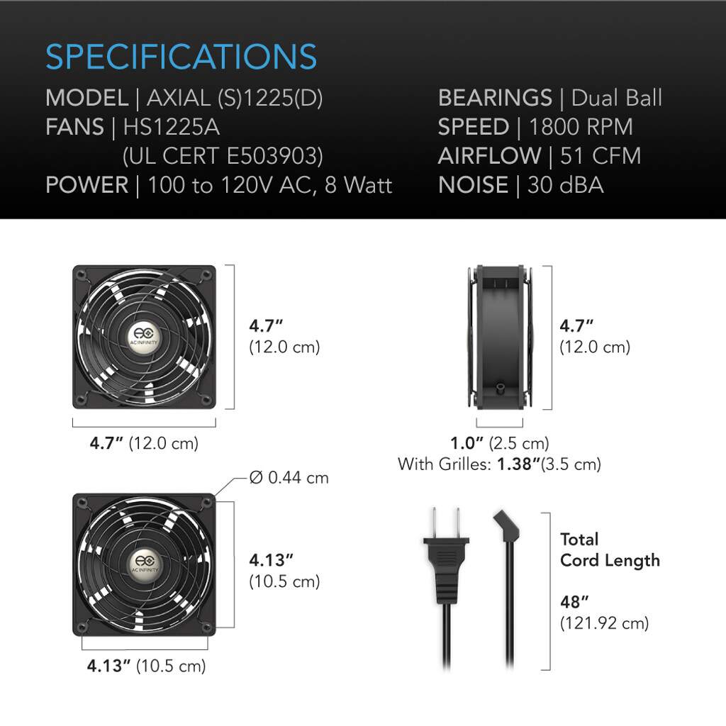 AC Infinity AXIAL S1225, Muffin 120V AC Cooling Fan, 120mm x 120mm x 25mm SPECIFICATIONS