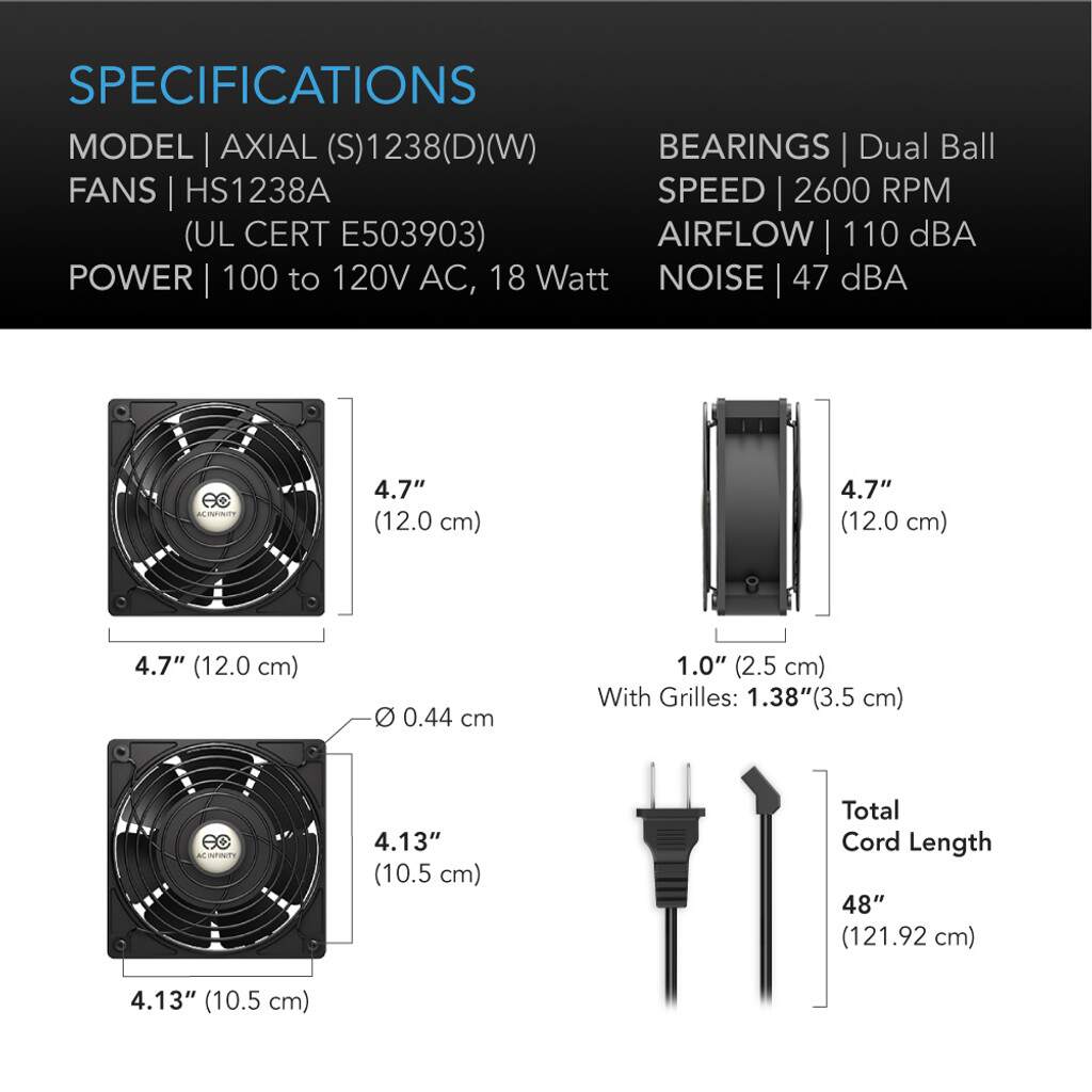 AC Infinity AXIAL S1238D, Muffin 120V AC Cooling Fan, Dual 120mm x 120mm x 38mmSPECIFICATIONS