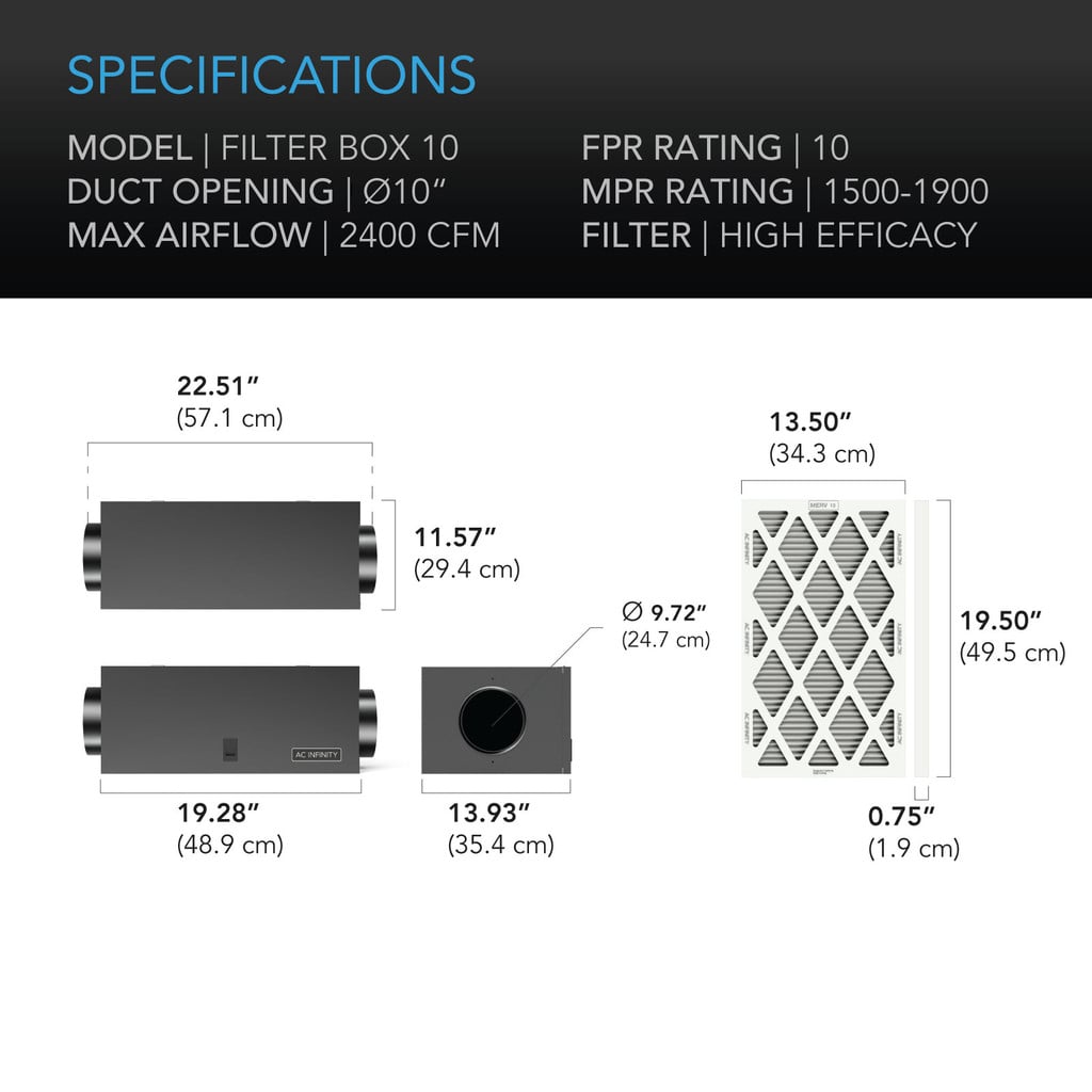 AC Infinity Air Filter Box with High Efficacy Filter, 10-Inch SPECIFICATIONS