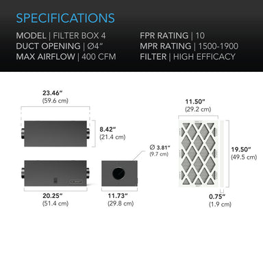 AC Infinity Air Filter Box with High Efficacy Filter, 4-Inch SPECIFICATIONS