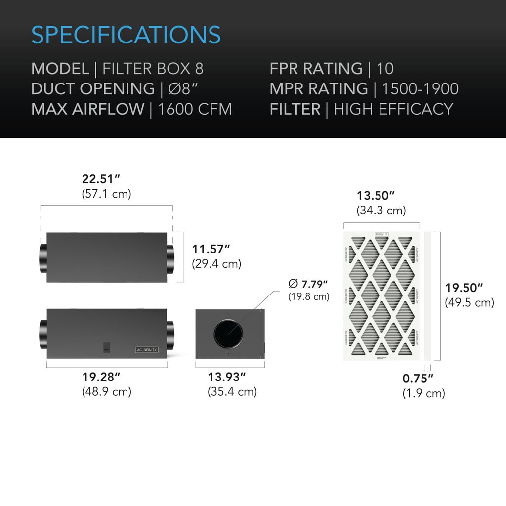 AC Infinity Air Filter Box with High Efficacy Filter, 8-Inch SPECIFICATIONS