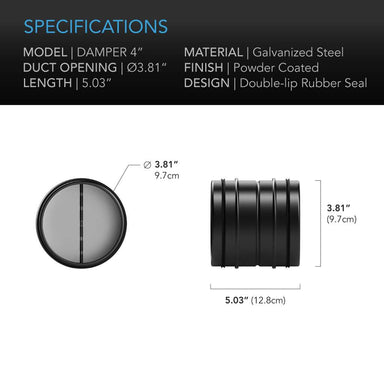 AC Infinity Backdraft Damper Ducting Insert, 4-Inch, Black Galvanized Steel SPECIFICATIONS