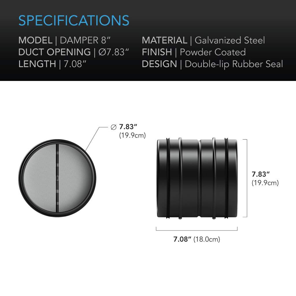 AC Infinity Backdraft Damper Ducting Insert, 8-Inch, Black Galvanized Steel SPECIFICATIONS