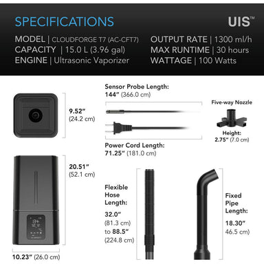 AC Infinity CLOUDFORGE T7, Environmental Plant Humidifier, 15L, Smart Controls, Targeted Vaporizing SPECIFICATIONS