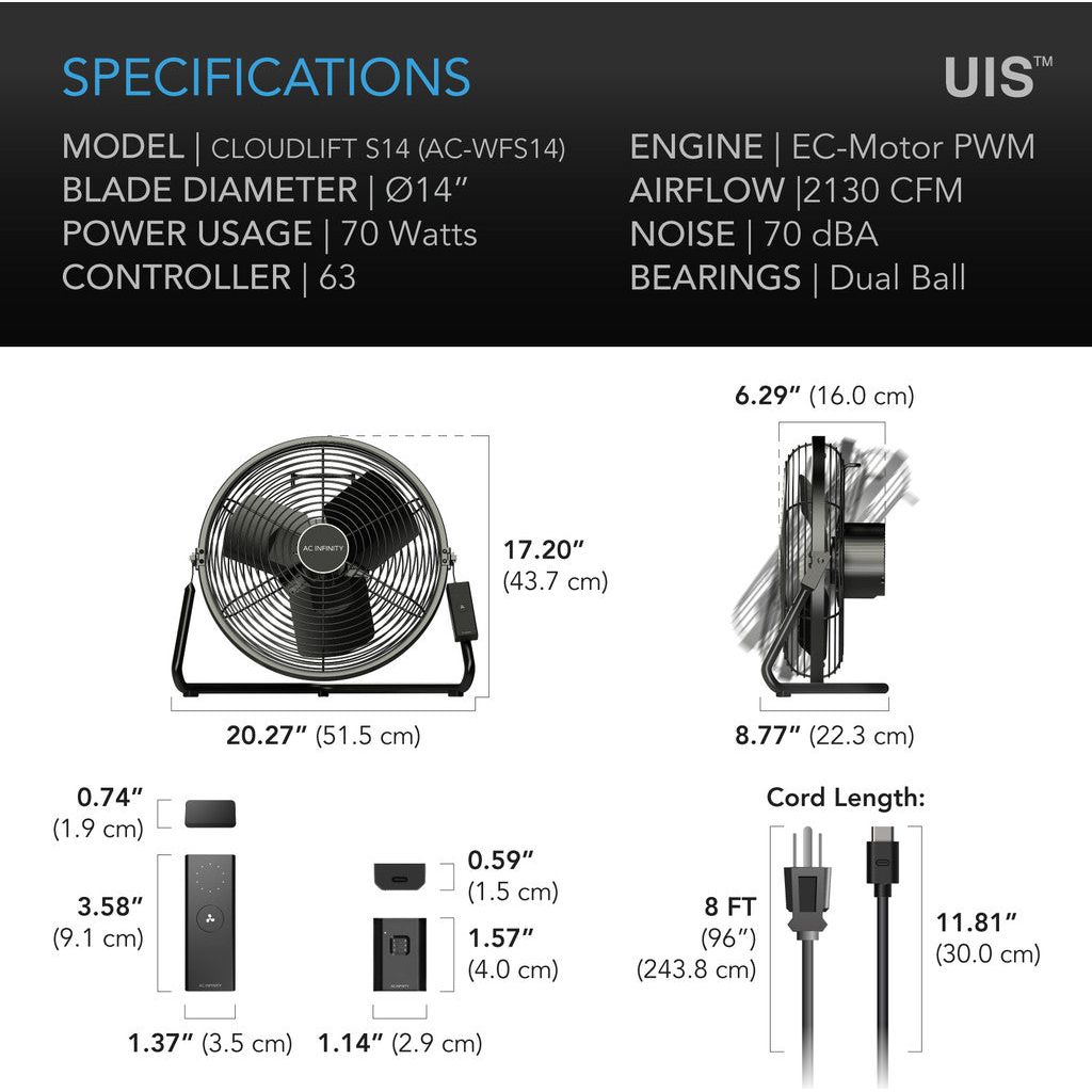 AC Infinity CLOUDLIFT S14, Floor Wall Fan with Wireless Controller, 14-Inch SPECIFICATIONS