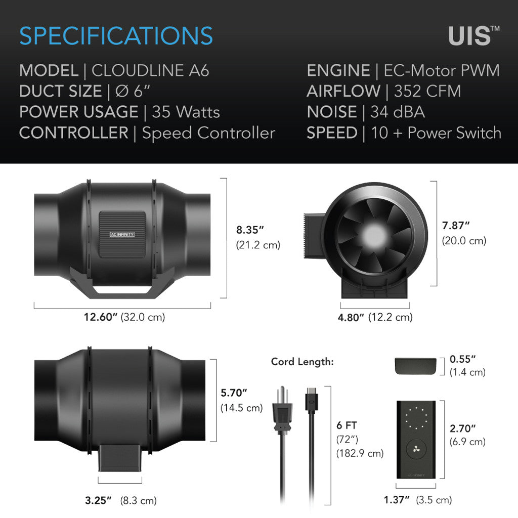 AC Infinity CLOUDLINE A6, Quiet Inline Fan with Speed Controller, 6-Inch SPECIFICATIONS