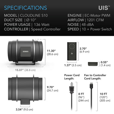 AC Infinity CLOUDLINE PRO S10, Quiet Inline Duct Fan System with Speed Controller, 10-Inch SPECIFICATIONS