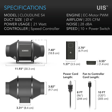 AC Infinity CLOUDLINE PRO S4, Quiet Inline Duct Fan System with Speed Controller, 4-Inch SPECIFICATIONS
